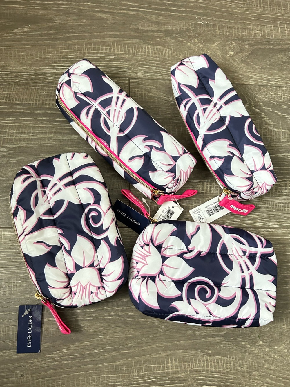 4x Estee Lauder Navy, White & Pink Floral Quilted Cosmetic Bag